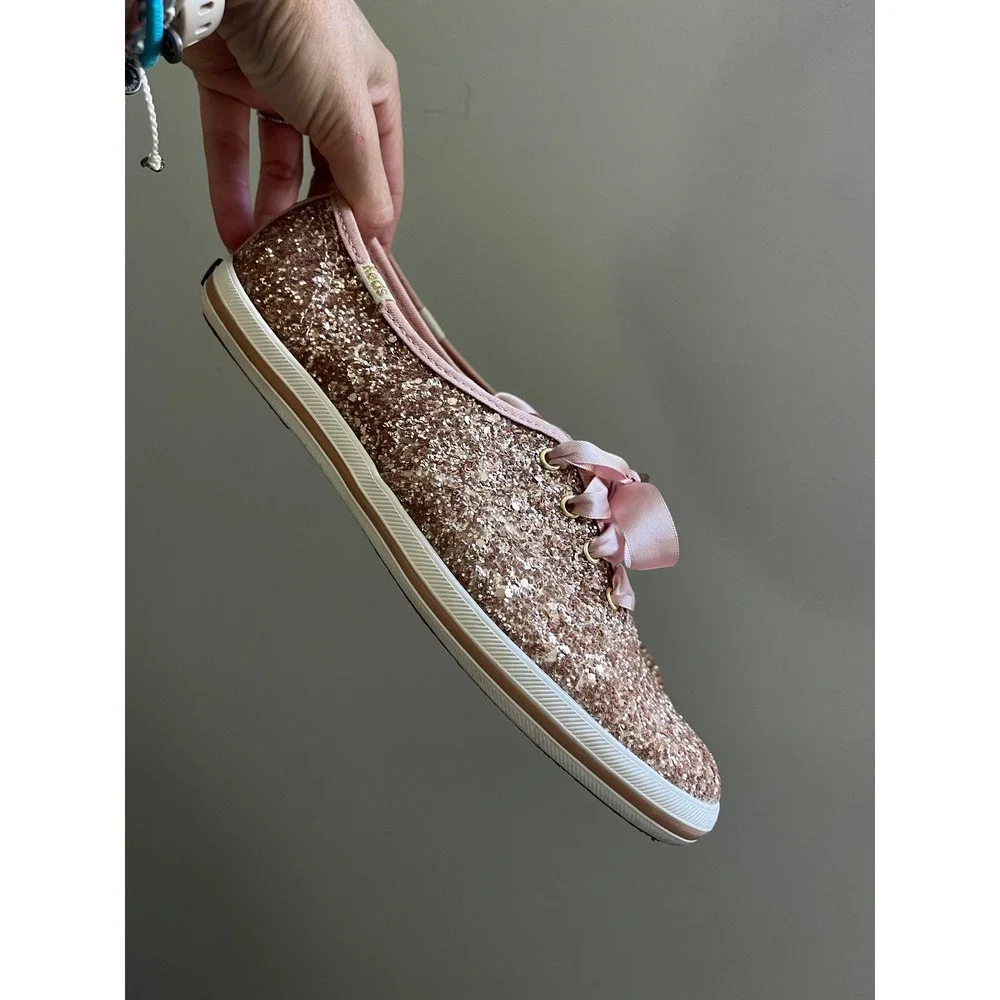 Keds Kate Spade Rose Gold Glitter Champion Sneakers Pink 6.5 Bridal Glam Preppy